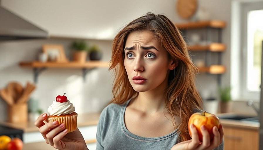 Conflicted woman on how to stop emotional eating, holding food options in kitchen.