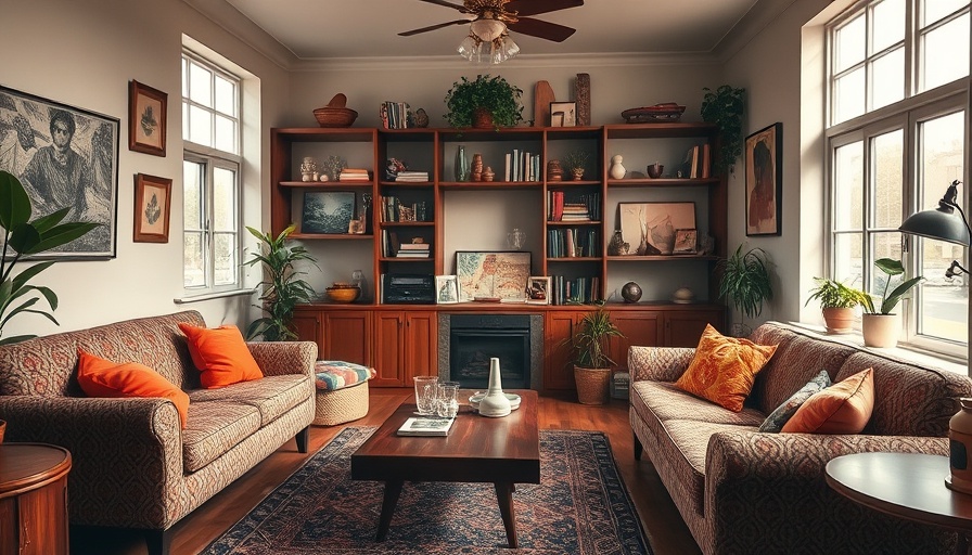 Cozy vintage living room with retro decor and natural light.