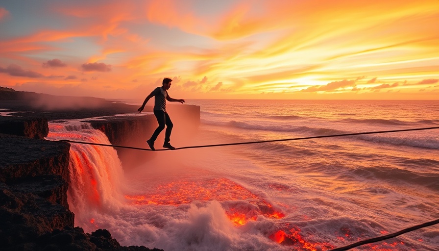 Balancing man on a tightrope near lava, symbolizing recession impact on early retirees.