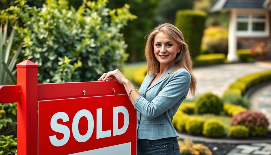 Confident woman adjusts sold sign on real estate post, outdoors, 'Should I Sell My House Now' concept.
