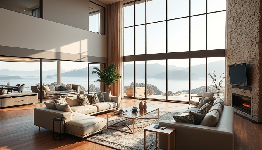 Luxurious living room with scenic view and modern features.