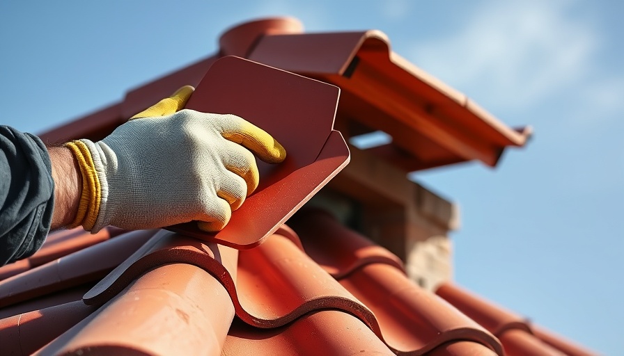 Tile roof repair in progress, person placing red tile.