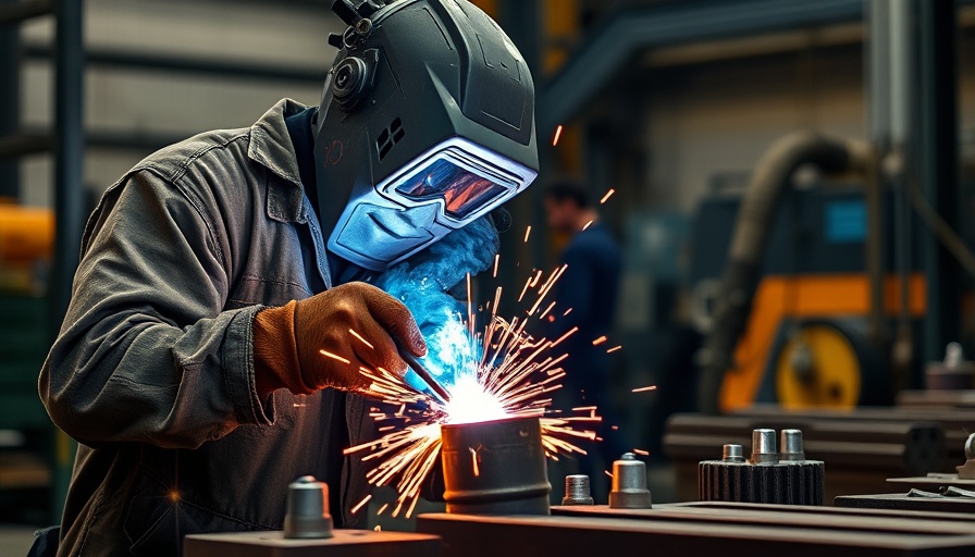 Steel fabrication expert welding with sparks flying in workshop.