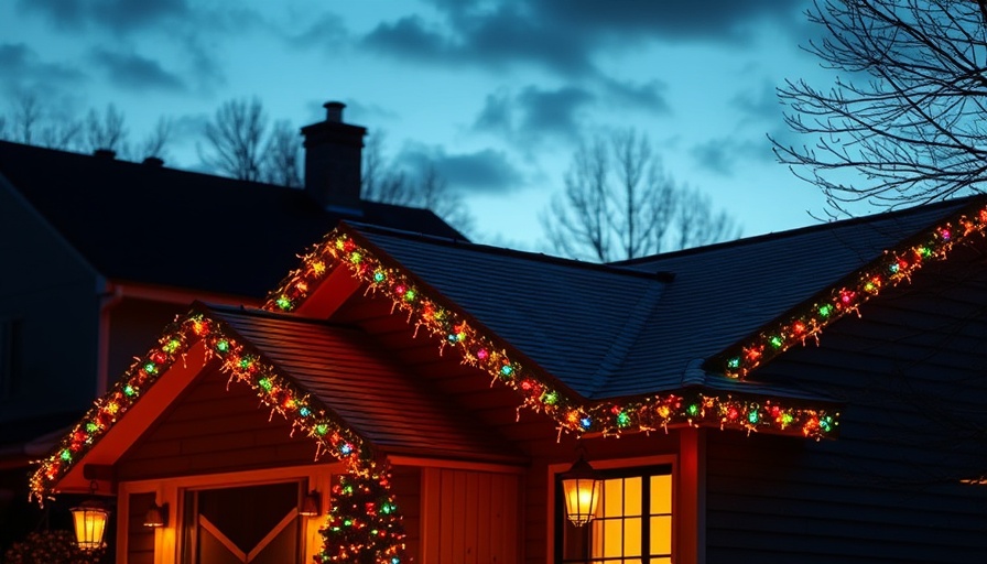 Christmas lights on home roofline at dusk, emphasis on safety.