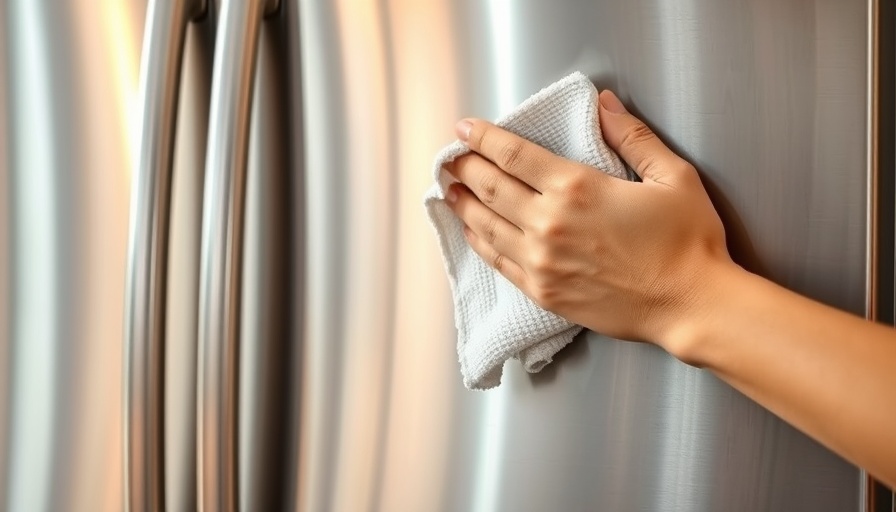 Cleaning a stainless steel refrigerator with a cloth in a kitchen.