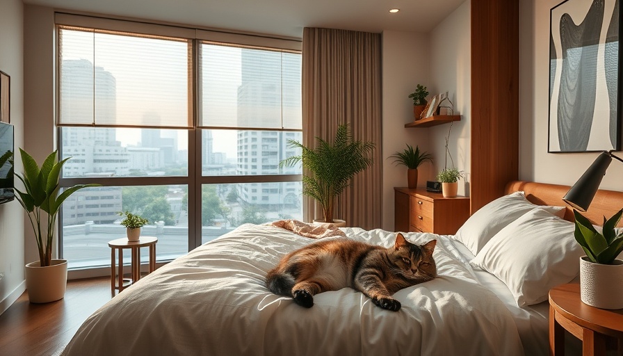 Modern bedroom with automated blinds and cat on bed.