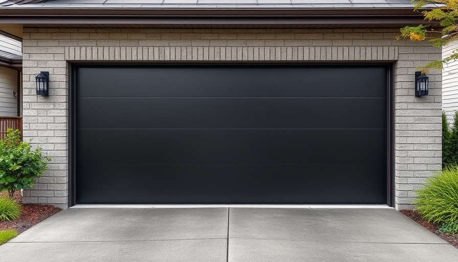 Modern sleek black garage door in a suburban home setting.