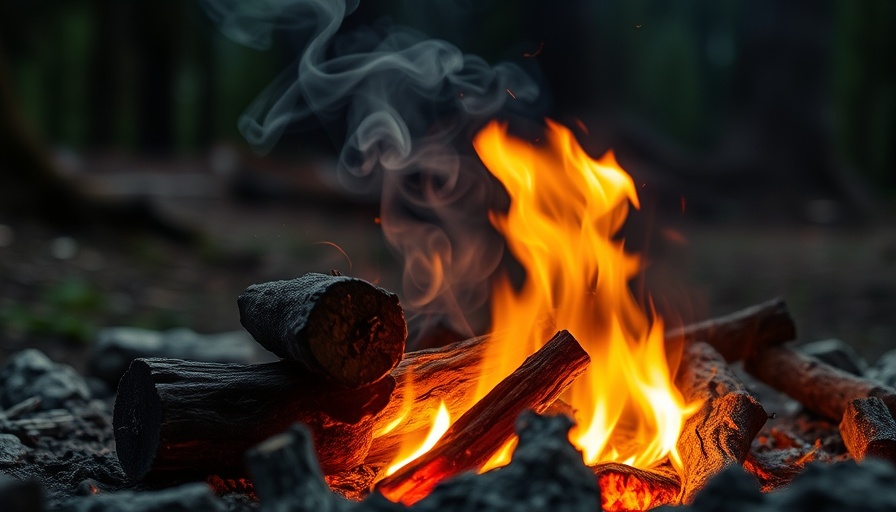 Slow burn campfire with logs and flames in a forest setting.