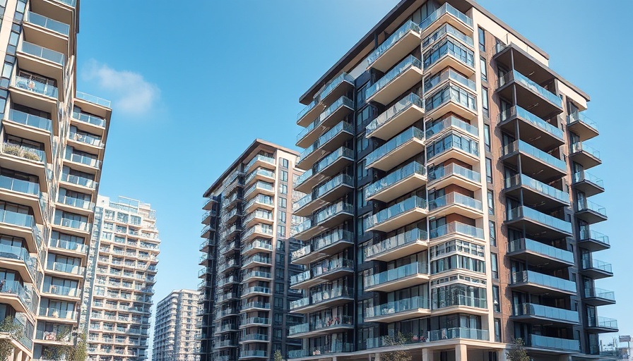 Modern multi-story condos under a clear blue sky.