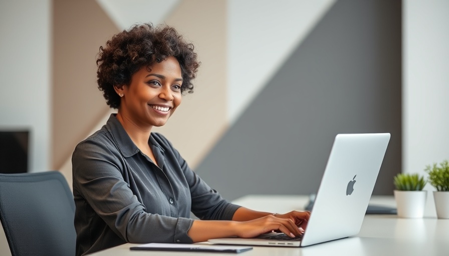 Woman using laptop for AI marketing campaigns tools, abstract background.
