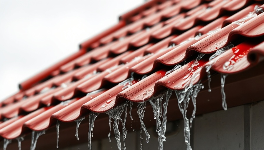 Rain on red shingled roof, important fix for home updates.