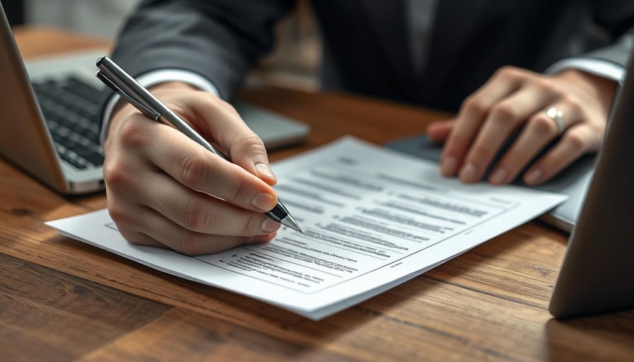 Person reviewing documents, pen in hand, at a desk with a laptop, related to unenforceable HOA rules.