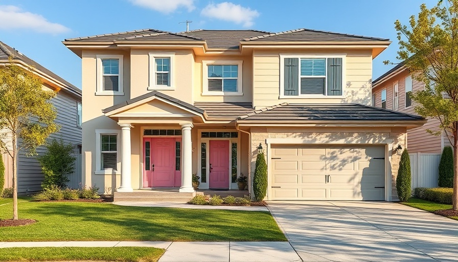 Modern suburban house with pink door, types of houses