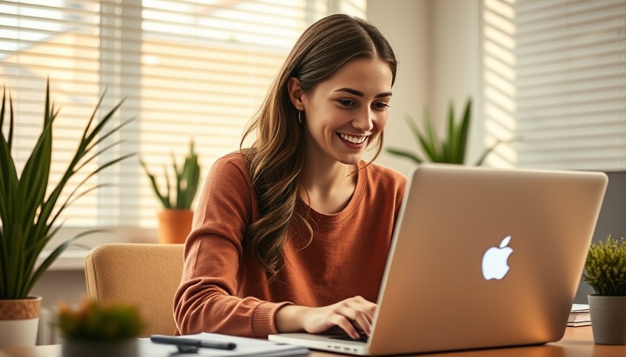 Smiling woman managing fake negative reviews on laptop in home office.