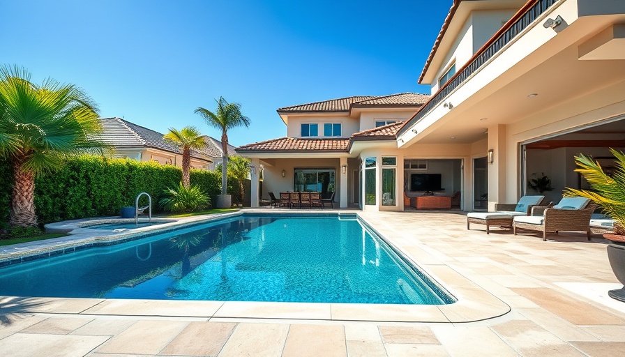 Spacious backyard with pool and lounge area under clear sky.