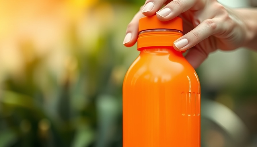Close-up of hand with orange water bottle for healthy hydration on vacation.