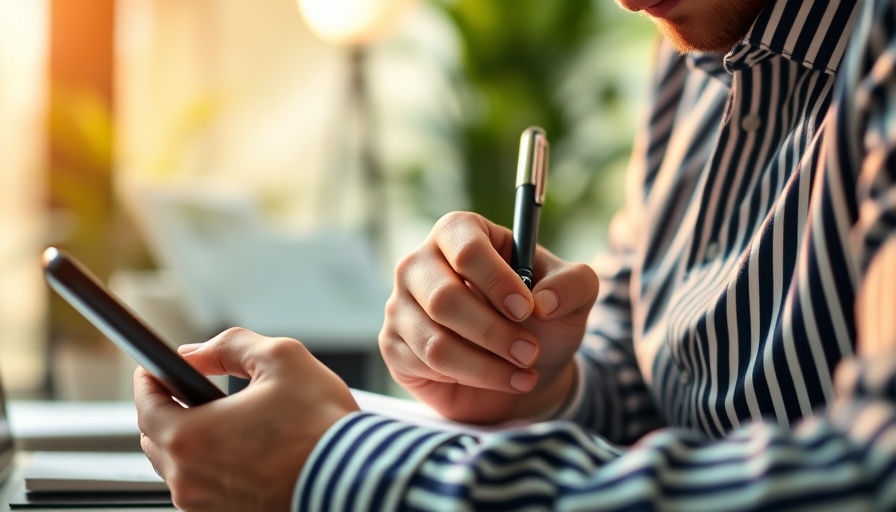 Person using phone and writing notes, focusing on goal management plan strategies.