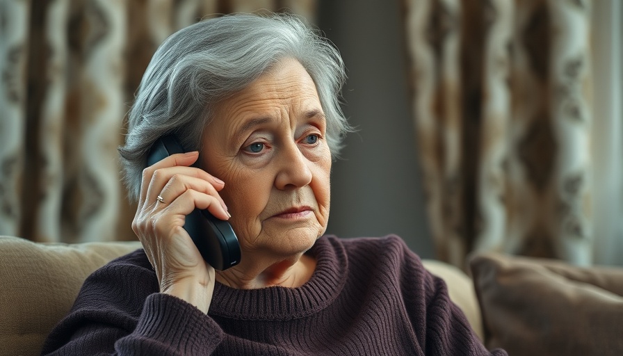 Elderly woman with gray hair on phone, concerned expression, Social Security services in Maryland discussion.