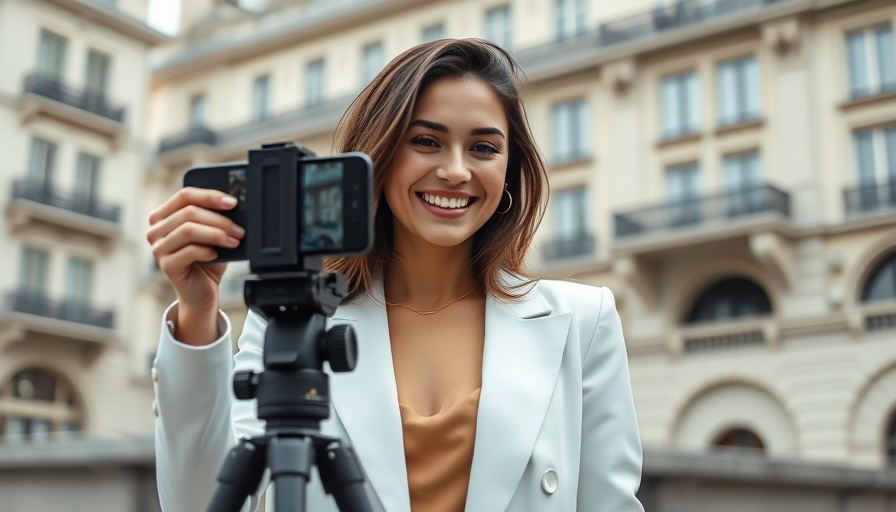 Young woman creating Instagram Reels for local business outdoors.