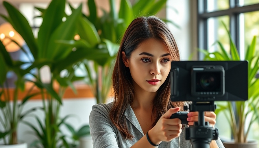 Young woman using AI video editing tools for local business marketing.