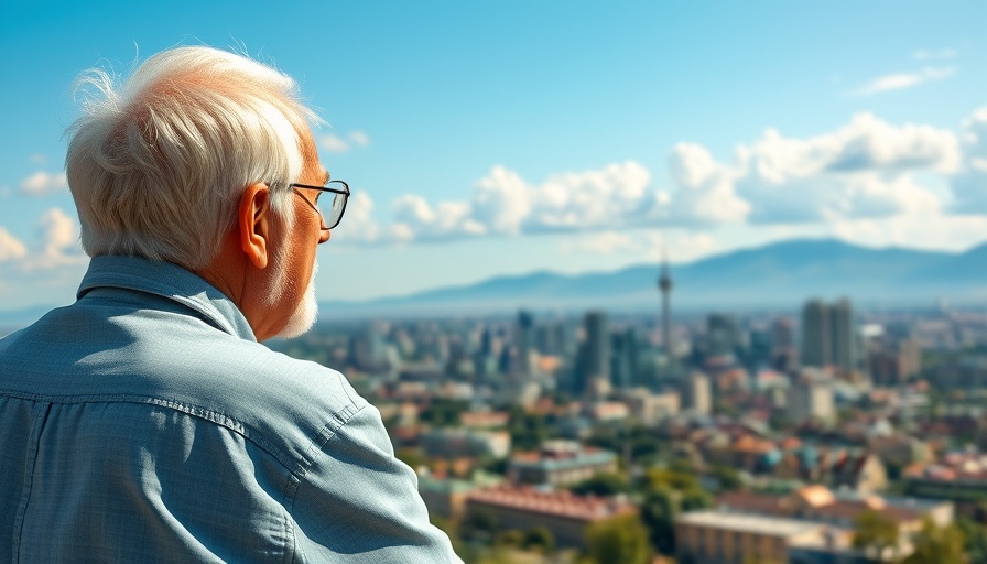 Elderly couple planning overseas estate with a city view.