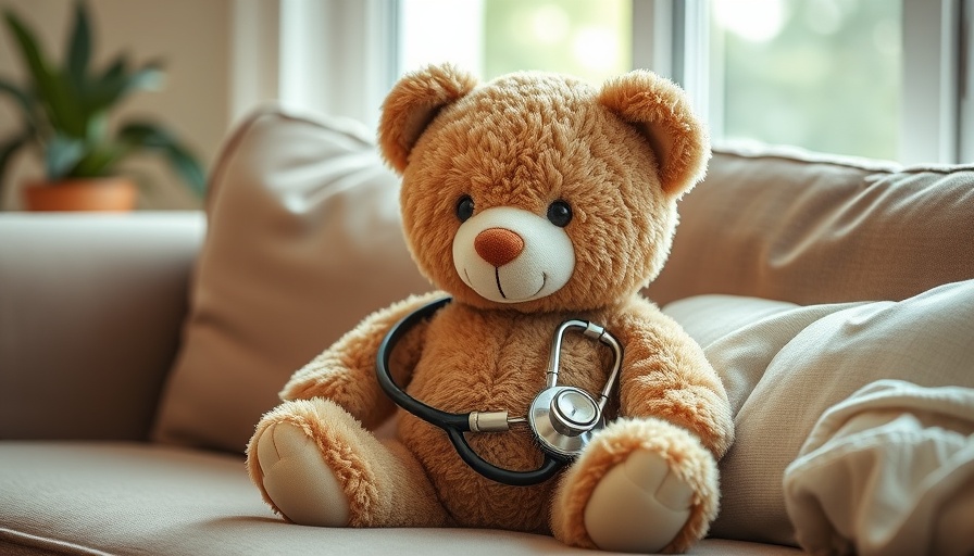 Teddy bear with stethoscope, calming children's anxiety around healthcare.