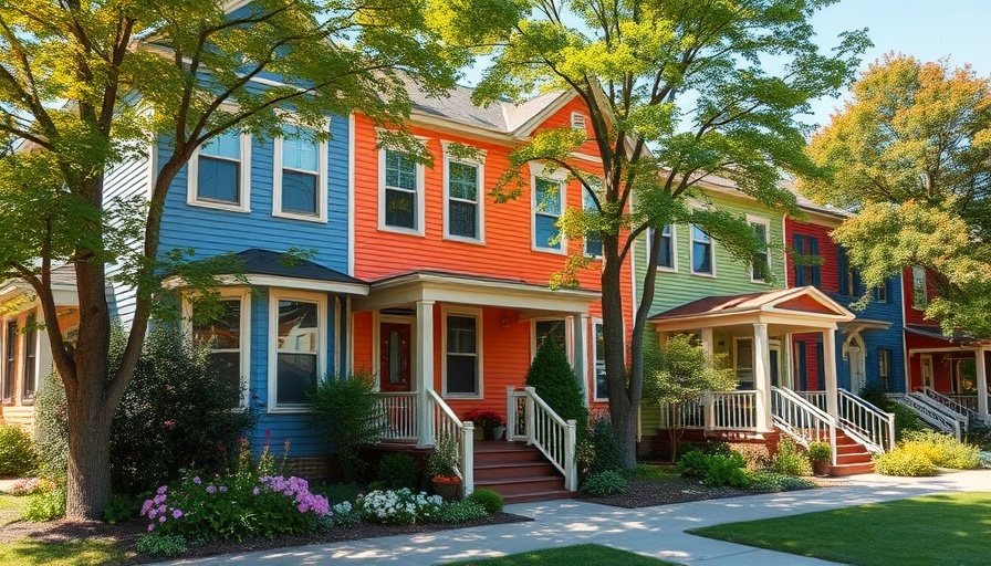 Charming urban row houses in vibrant garden setting highlighting house hacking opportunities.