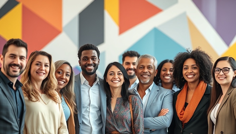 Diverse marketing team smiling, vibrant modern backdrop.