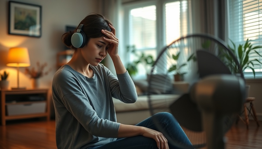 Young woman struggling with heat in front of fan, illustrating the illusion of coolness.