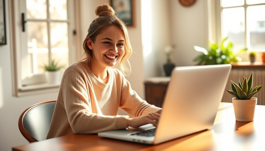 Young woman enjoying part-time work-from-home job in sunny room.