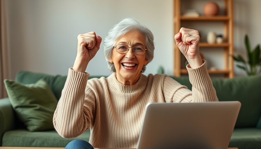 Senior woman celebrating new tax breaks for charitable donations on laptop.