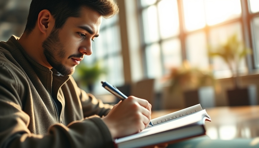 Person writing business description examples in a notebook at a desk.