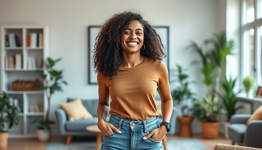 Joyful woman showing weight loss success without cutting calories.