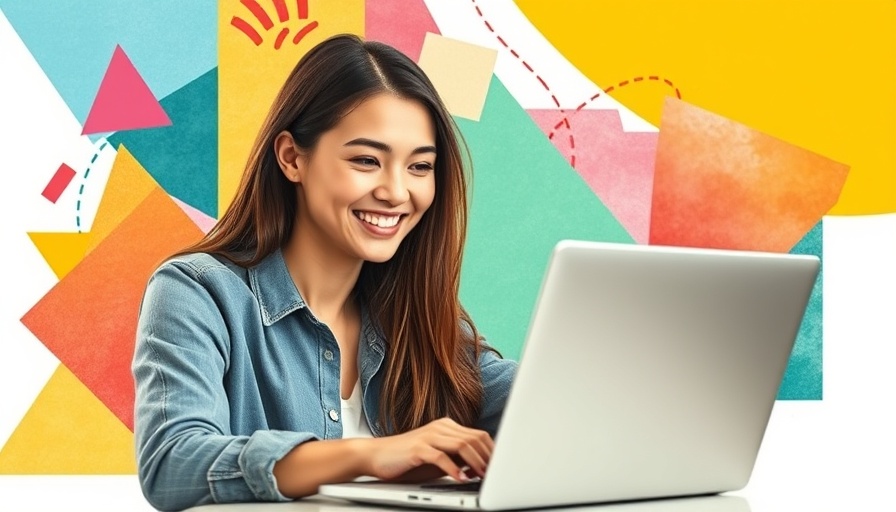 Benefits of blogging for business highlighted with creative and vibrant collage of a woman typing on a laptop.
