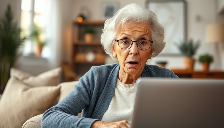 Elderly woman surprised by scams targeting older Americans on her laptop.