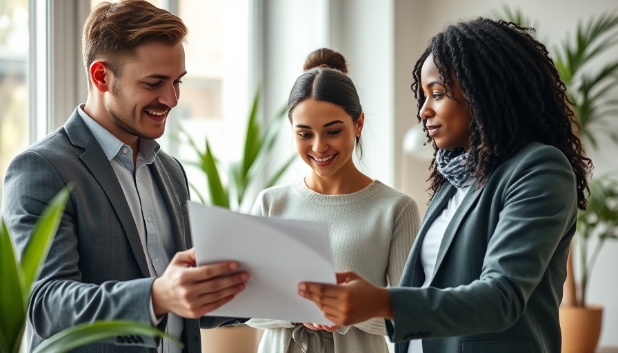 Underwriter explaining loan details to couple in modern office.