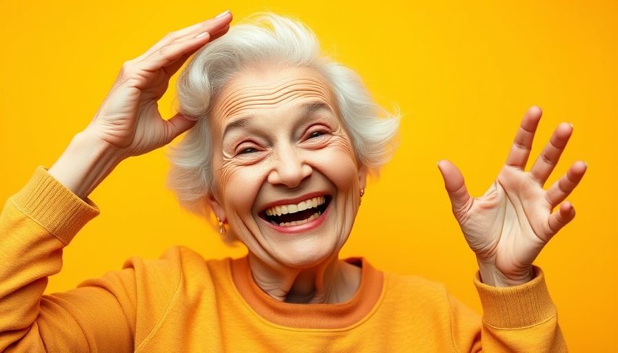 Elderly woman in bright attire posing joyfully against yellow backdrop.