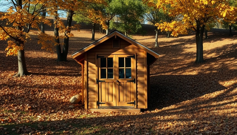 Stable shed on sloped garden with autumn leaves and sunlight.