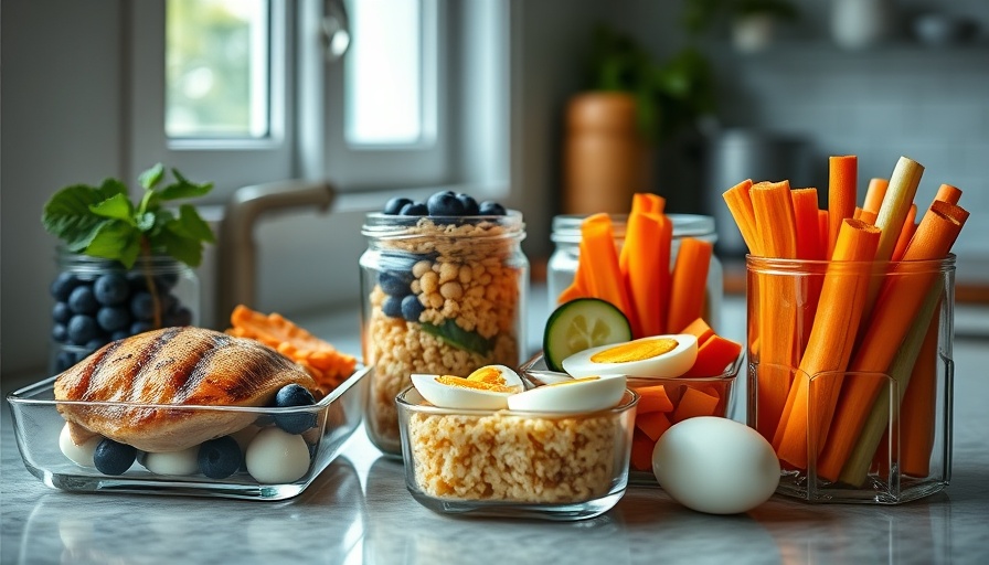 Assorted healthy proteins and foods neatly arranged on the counter.