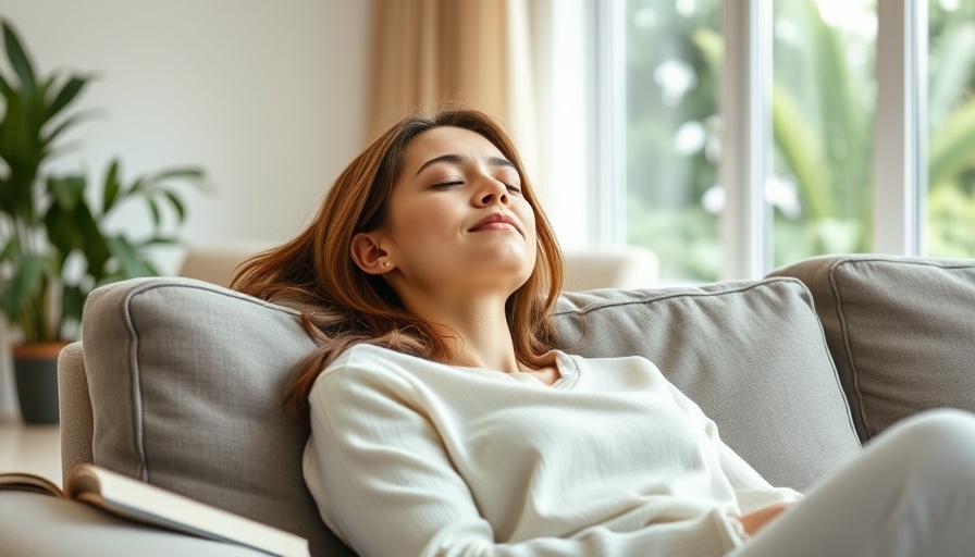 Relaxed woman unwinds on sofa, promoting calm and wellness.