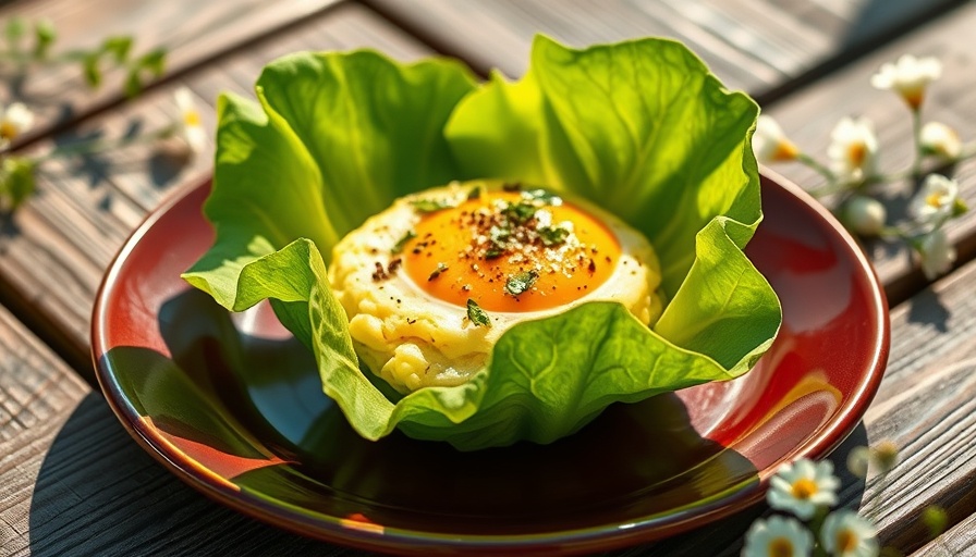 Soft scrambled egg lettuce cup on maroon plate with herbs outdoors.