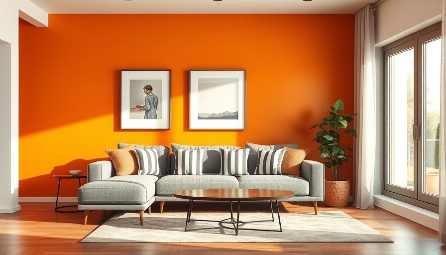 Modern living room with orange wall and gray sofa by professional painters.