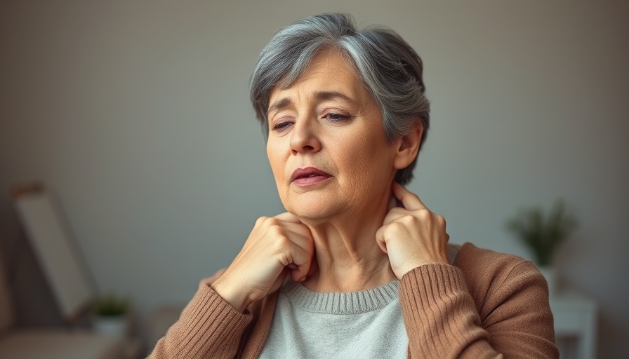 Middle-aged woman holding neck due to pain, seeking home remedies.