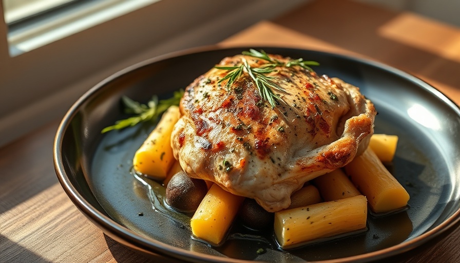 Herbed chicken and parsnips with cider mustard sauce on a plate.