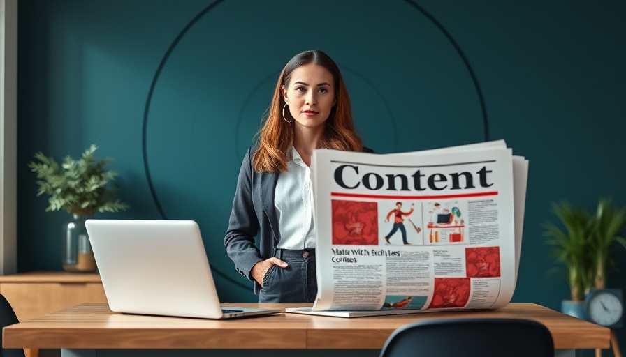 Confident woman by laptop with content syndication concept.