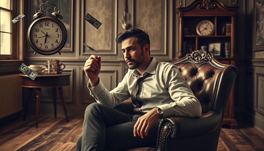 Conceptual image of a man with a puppet, clock, and money, illustrating 'artificially feeling poor can help you grow rich'.