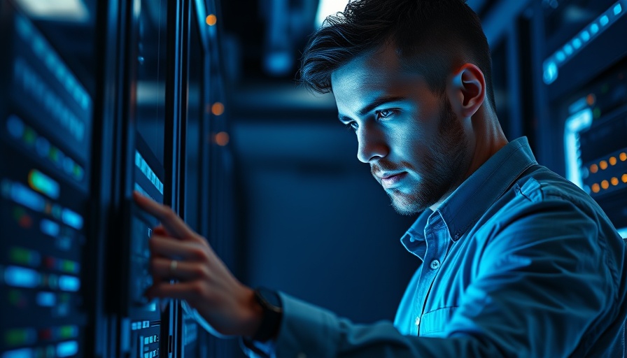 IT professional using control panel in server room with blue lighting