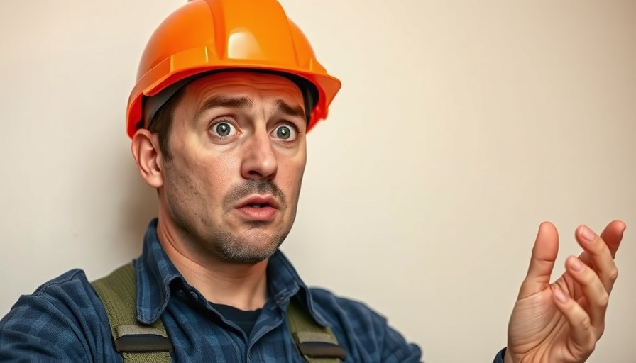 Confused tradesperson wearing hard hat, gesturing indoors.