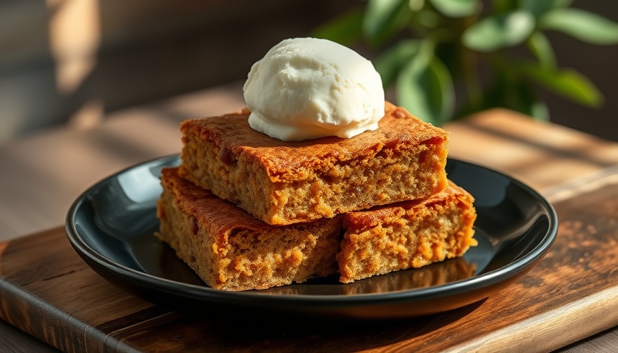 Gooey spiced squash blondies with ice cream on a dark plate.