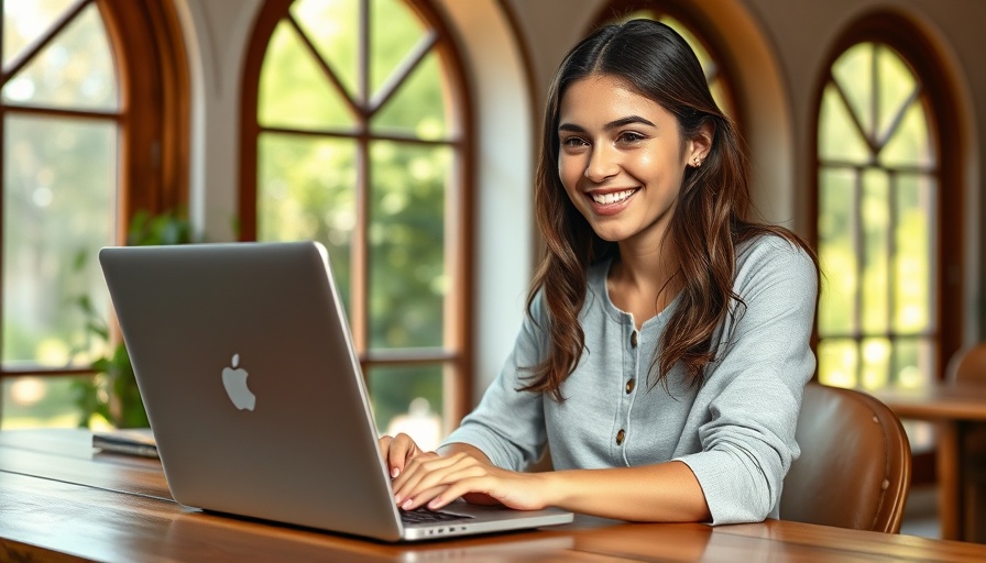 Young woman working on a laptop, B2C vs B2B marketing with AI.